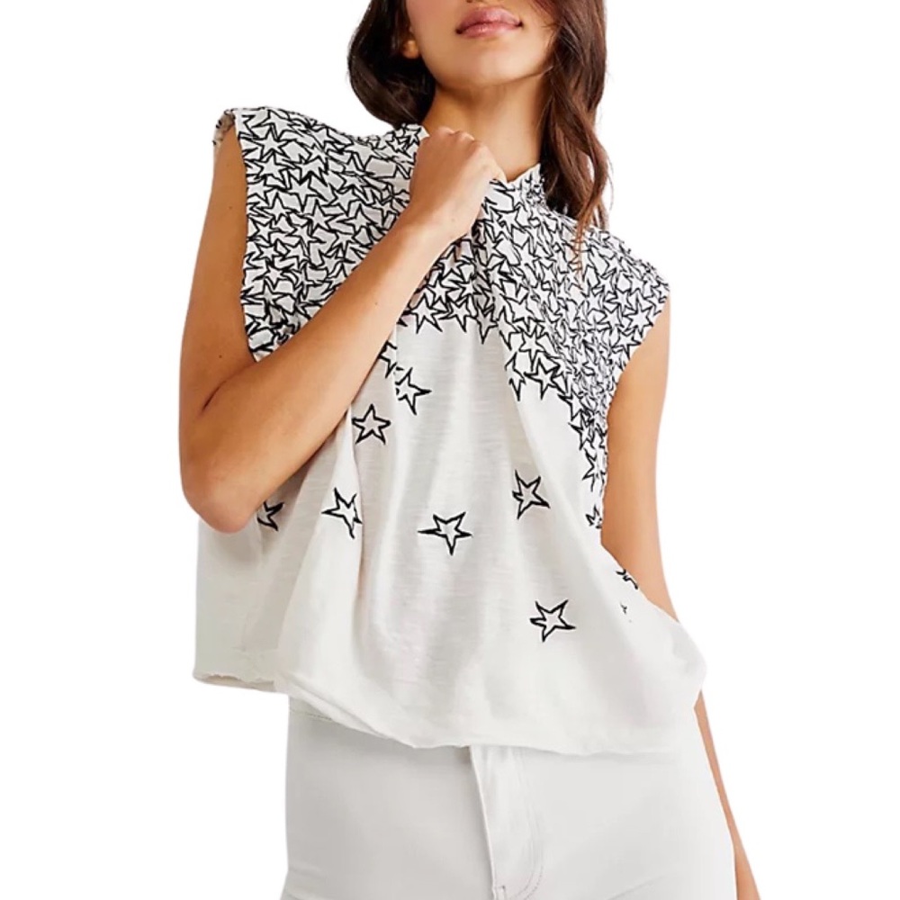 Free People White Muscle Tee with Black Star Print